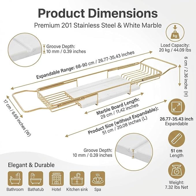 Bathtub Tray Caddy for Luxury Bath, Stainless Steel 26.8-35.4 in Expandable Extra Wide Bath Tub Tray with Natural Marble and Mobile/Tablet Stand, Ideal for Home Spa Lovers (Gold + White)