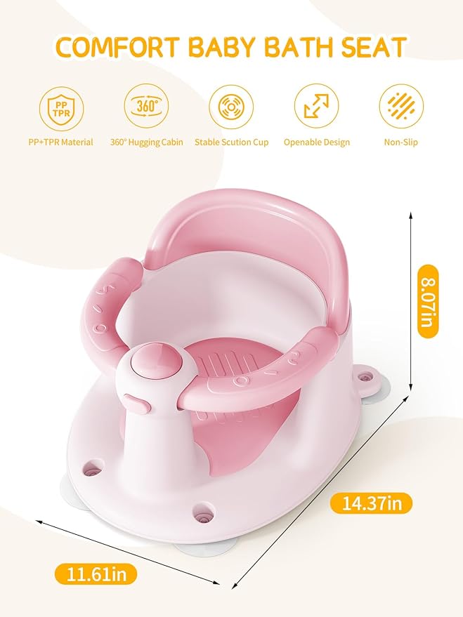 Baby Bath Seat for Babies 6 Months & Up - Bathtub Seats for Babies with 3 Baby Bath Toys, Non-Slip, Comfortable, Infant Bath Essentials-Pink