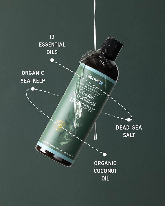 Aleavia Coastal Woodlands Mens Body Cleanse – Organic & All-Natural Prebiotic Body Wash for Men, Woodsy Notes Scented with 13 Essential Oils, – Nourish Your Skin Microbiome – 16 Oz.