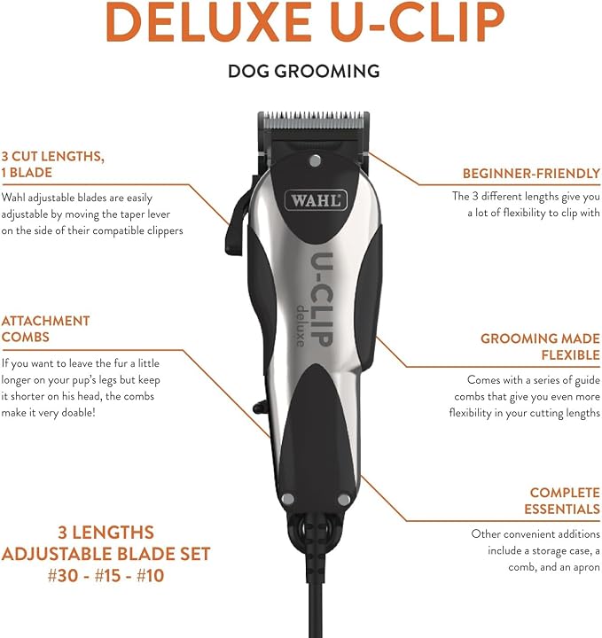 Wahl Pro Animal Deluxe U-Clip - Dog & Cat Trimmer with 3 Cutting Lengths & 7 Attachment Combs - Premium Grooming Tools for Light & Medium Coats - Black & Chrome