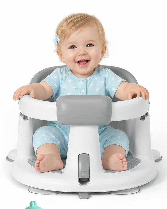 Seated Bath Seat for Baby Sitting Up - Non-Slip Plastic Bath Chair for Baby with Strong Suction Cups & 3 Toys, Safe Bathtub seat for Toddlers Babies 6-24 Months, (Gray, 14.4 x 13.4 x 7.5 Inches)