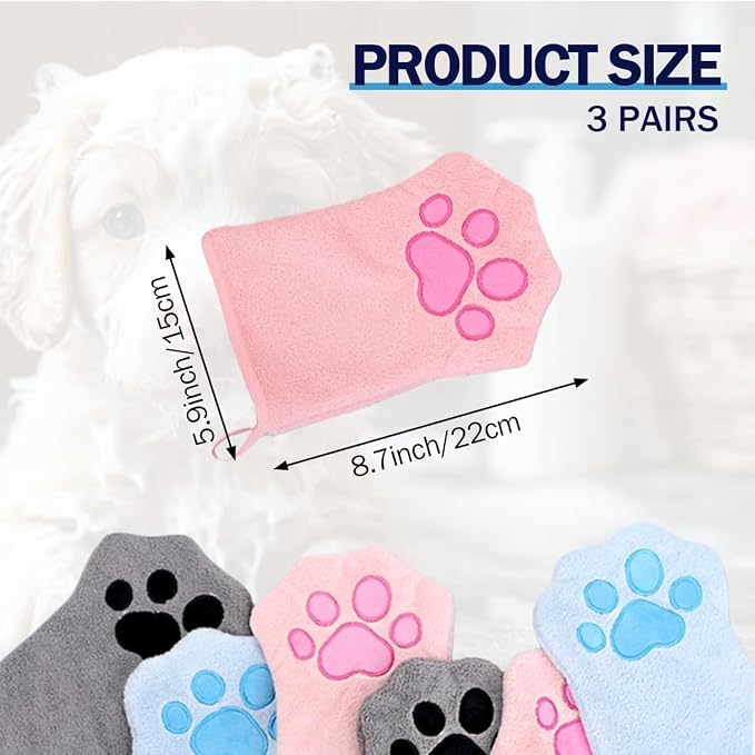 Paw Bathing Towel for Cats, Ultra Soft Microfiber Pet Bath Towel Gloves for Muddy Paws, Ears, Coral Fleece Pet Towel, Quick-Dry Cat Drying Towel, Lint-Free Absorbent with Hanging Loop (blue+pink+grey)