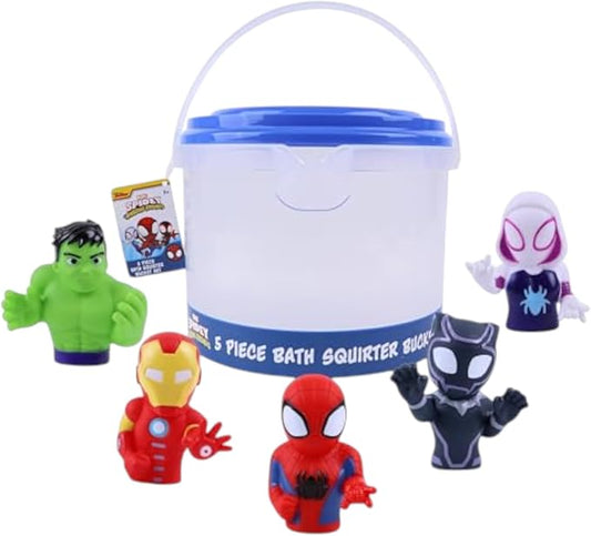 Marvel Spidey & Friends - Plus Avengers - 5 Piece Bath Squirter Bucket Set -Bath Toys for Baby and Toddlers - Includes Organizer Bucket - Store Bath Time Water Toy