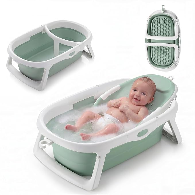 CheerTry 4-in-1 Grow-with-Me Baby Bathtub, Foldable Infant Tub for Newborn to Toddler from 0-24 Months, Collapsible Baby Bath Tub with Removable Bath Basket & Built-in Thermometer for Baby Shower