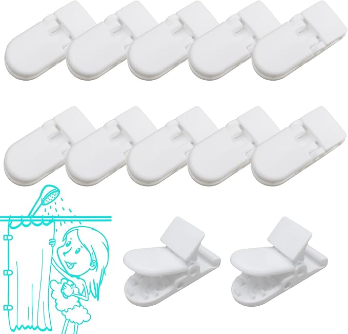 Kingwee Thumb Shower Curtain Clips, Shower Splash Guard Holders, Bathtub Curtain Liner Clips for Windproof & Splash Water (White-12 Pack)