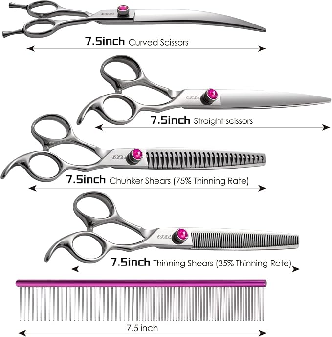 Dog Grooming Scissors Kit 7.5 in Professional Curved Thinning Straight Chunker Shears and Comb 5pcs Set for Grooming Big Dogs Poodle Pet Japan 440C Stainless Steel(7.5'',Kit)