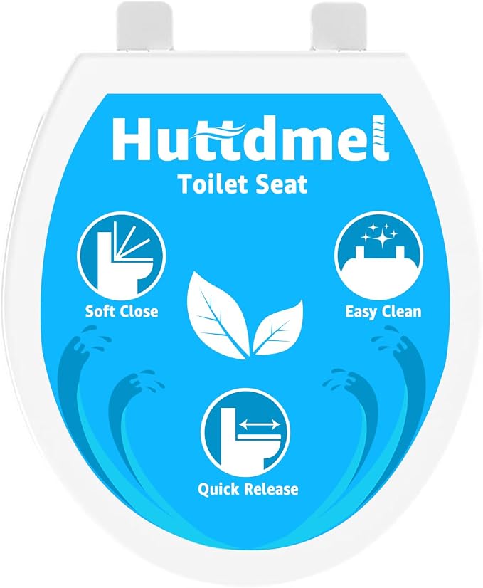 Huttdmel Toilet Seat Round 16.5 Inch & Quick Release - Quick Connect, Standard Toilet Lid Soft Close, PP Material Safe & Easy Clean and Install, Sturdy Accessories Never Loosen, White Plastic