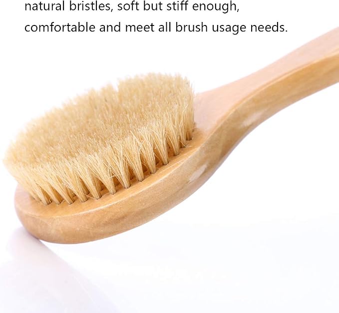 Dry Bath Body Brush 12.6", Long Handle Natural Bristles Shower Brush Back Scrubber with Anti-Slip Wooden Handle, Good for Exfoliating, Blood Circulation, Detox and Cellulite, etc.