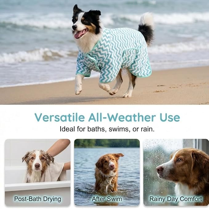 Dog Bathrobe and Drying Towel, Super Absorbent Microfiber Pet Drying Robe, Soft Coral Fleece Puppy Bath Coat with Adjustable Fastener, Easy-to-Put-On Dog Towel (Green, M)