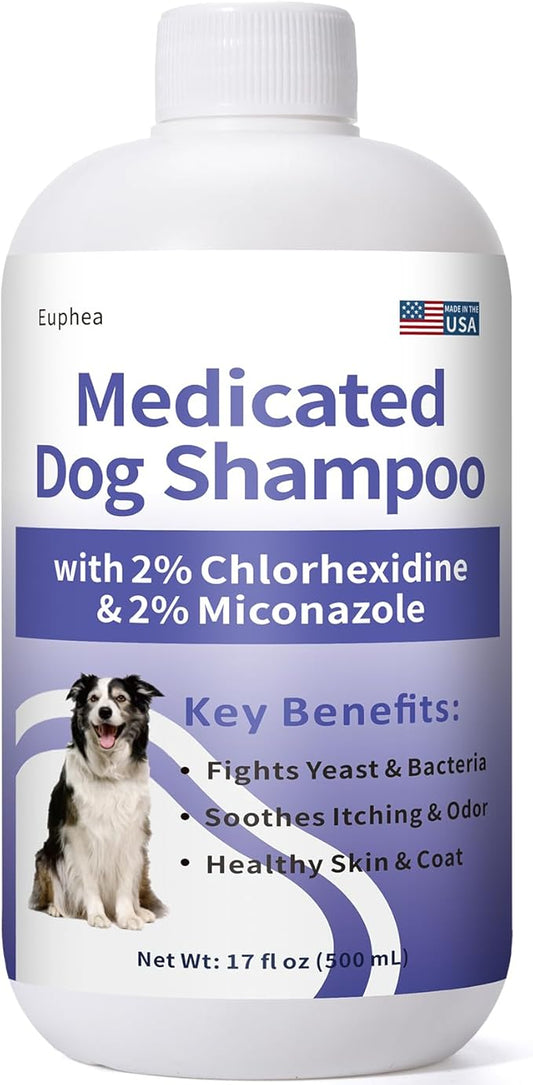 Medicated Dog Shampoo with 2% Miconazole & 2% Chlorhexidine – Relief for Itchy, Odor & Redness – Gentle Vet-Grade Formula for Healthy Skin & Coat - 17 oz