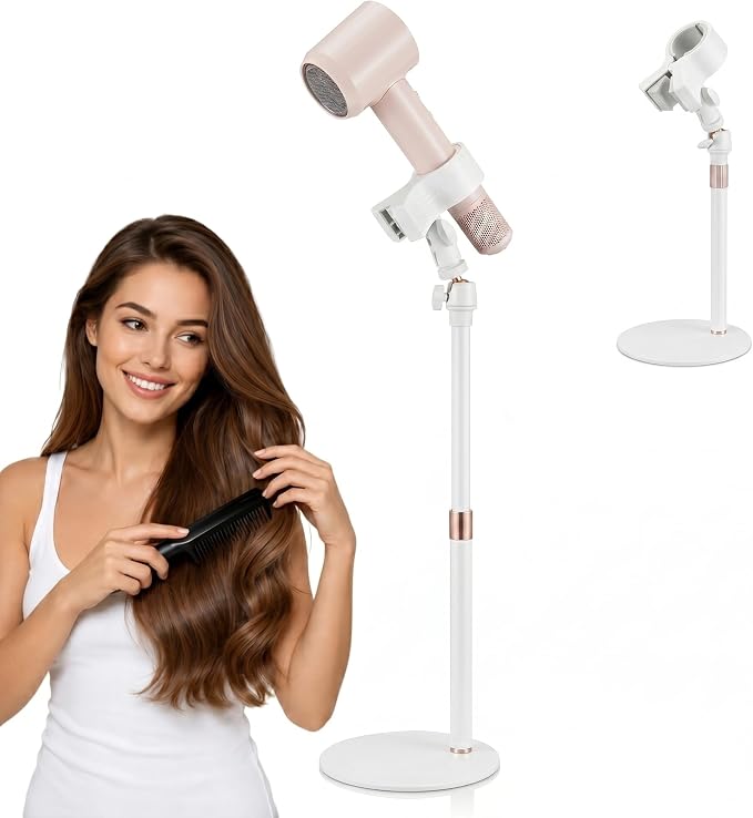 Hair Dryer Stand Holder, Hands-Free Adjustable Countertop Stand, Stable Round Base, 360° Rotating Ball Joint, Fits Most Hair Dryers, White