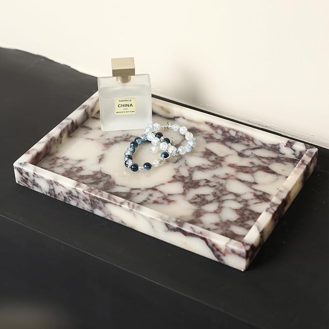 Luxurious Natural Marble Tray Hand Towel Organizer for Disposable Paper Napkins, Jewelry, Makeup Bathroom Vanity Sink Comestic Holder Bathtub Decorative Organizer Perfume Tray/Calacatta Viola