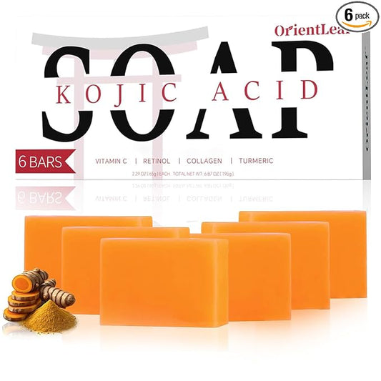 ORIENTLEAF Kojic Acid Soap, Turmeric Soap Bar, Fresh Citurs Scent, Gentle for face and body with Vitamin C, Shea Butter, Retinol, Olive Oil, Collagen (6 PACK)