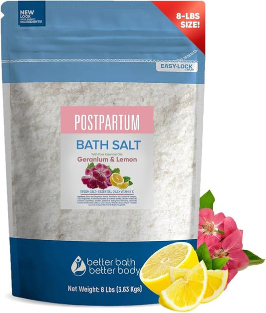 Postpartum Sitz Bath Soak 128 Ounces (8 Lbs) Bulk Bag Postpartum Care for New Moms Bath Salt with Essential Oils in Easy Press Lock BPA Free Pouch Made with Natural Ingredients Made in USA
