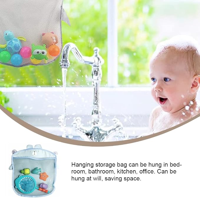 Mesh Bath Toy Storage, The Bath Toy Holder for Bathtub Toys & Bathroom Organizer Bag，Compatible with Bath Toy Storage,with Two Complimentary Suckers (Blue Bear)