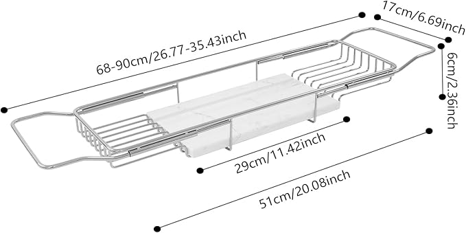 Expandable Bathtub Tray – 26.77" to 35.43" Adjustable Bathtub Caddy | with Natural Marble Board, Raised Guardrails, Tablet/Phone Stand – Home Spa Accessory for Bath, Holds 44 lbs (Silver+White)