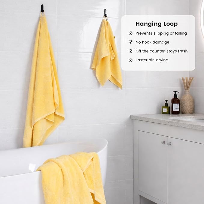 12-Piece Cotton Bath Towel Set with Hanging Loops for Bathroom, Yellow | Balanced towel set for family showers, sink-side use, guest baths, and wash-day rotation, OEKO-TEX certified, easy care