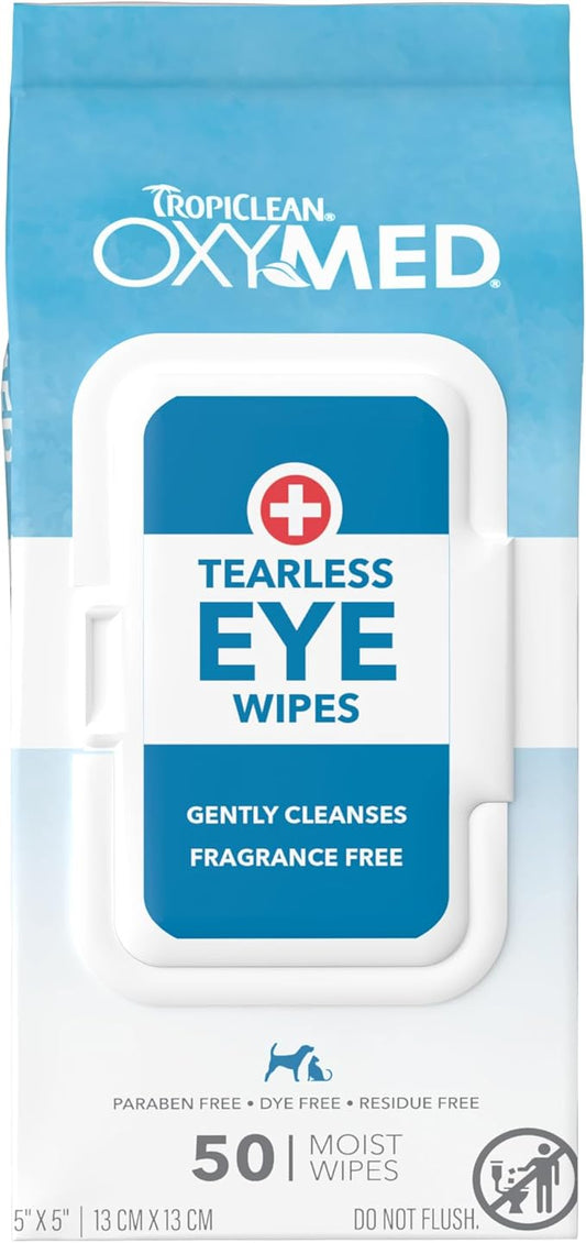 TropiClean OxyMed Dog Eye Wipes, Tear Stain Remover for Dogs, Face Wipes for Discharge and Crust, Safe for Cats, 50 Count