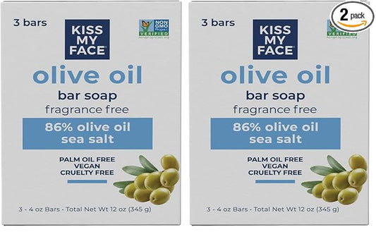Kiss My Face Olive Oil Fragrance Free Bar Soap,Moisturizing Bar Soap,Cruelty Free Vegan-Soap,Palm Oil-Free,4 Oz -,(Pack of 6)