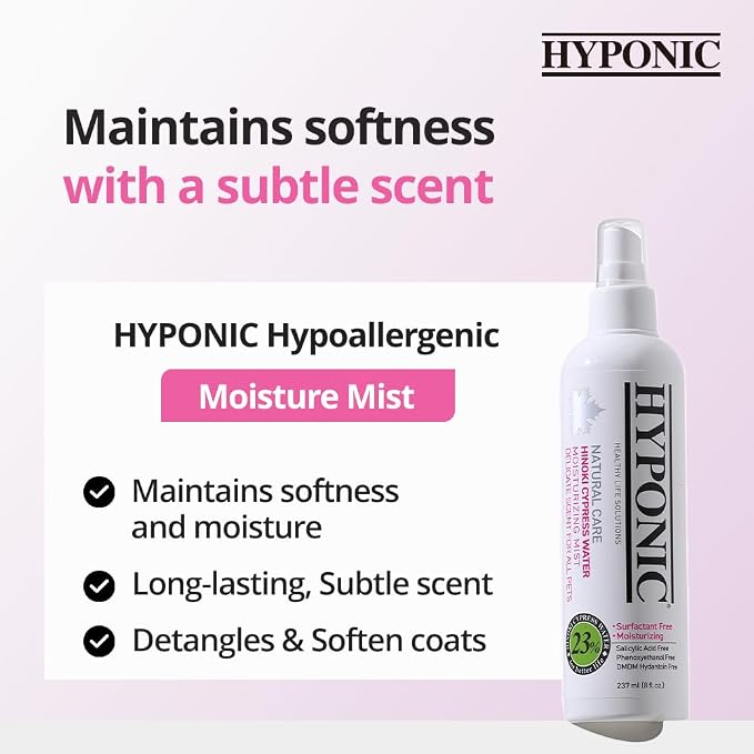 HYPONIC Hypoallergenic Hinoki Cypress Moisture Detangling Mist Spray for All Pets (Delicated Scented, 8.01 oz) - Conditioner, Detangler, Dematting, Deodorizing Perfume Spray for Sensitive Skin & Coat