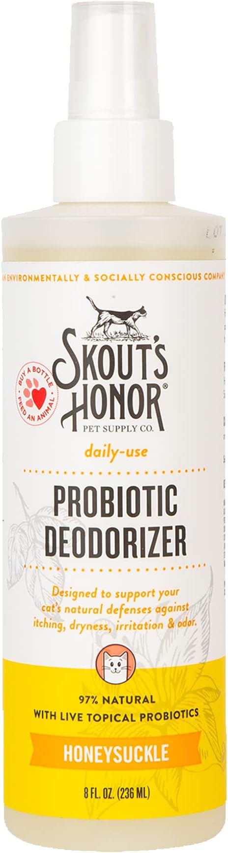 SKOUT'S HONOR Cat Probiotic Deodorizer Spray- Hydrating Daily-Use with Avocado Oil and Omega-3s, Paraben & Sulfate-Free, 97% Natural,Beyond Basic Grooming - 8oz, Honeysuckle