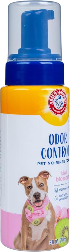 Arm & Hammer for Pets Odor Control No-Rinse Foam Dogs Kiwi Blossom Scent Waterless Baking Soda Deodorizer pH Balanced 8 FL OZ Sulfate-Free