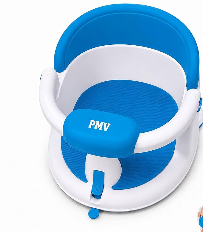 PMV Baby Bath Seat for Sitting Babies, Non-Slip Baby Bath Chair with 3 Suction Cups, Safe & Comfortable Toddler Bath Support Seat for Bath/Shower Use, Stable Design, Gray (6–24 Months) (Blue)