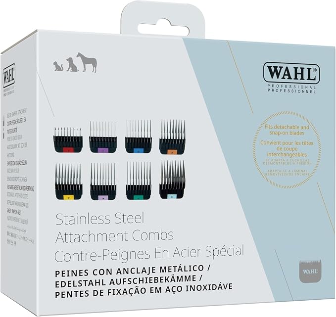 Wahl Pro Animal Stainless Steel Attachment Guide Comb Set for Detachable Blade Clippers - KMC+, KM10+, KM2+, KM Velocity, Supera, Inspire, Thick-Curly - Pet, Dog, Cat, & Horse Grooming - Multicolor 1
