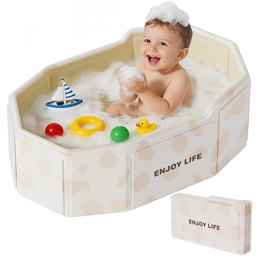 Foldable Baby Bath, Collapsible Baby Bathtub 3M-8Y, Portable Travel Baby Bath Tub with Non-Slip Base, Pop Up Folding Newborn Toddler Shower Tub, Space Saving, White