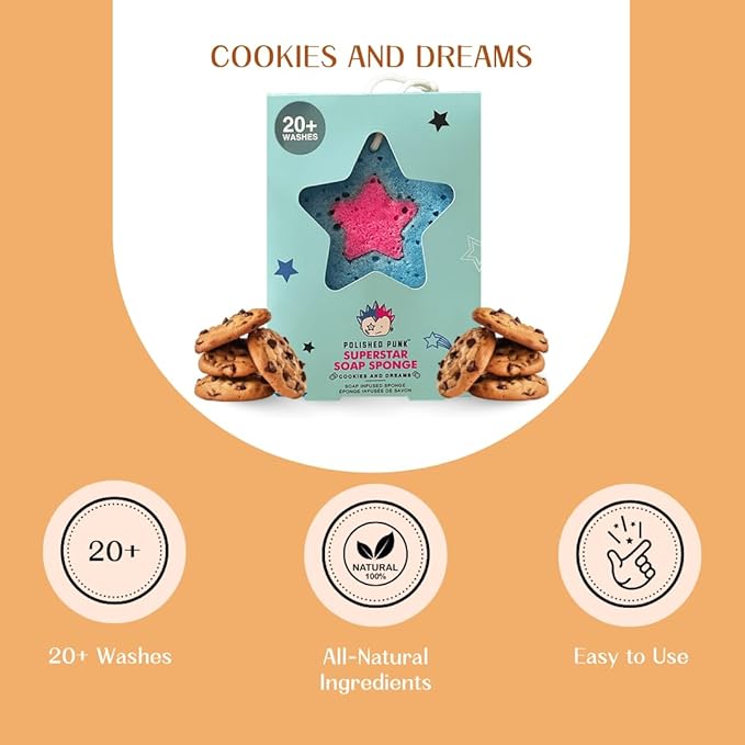 All-Natural Soap-Infused Sponge for Kids and Tweens Body Wash, Gentle on Skin, 20+ Uses (Cookies and Dreams)