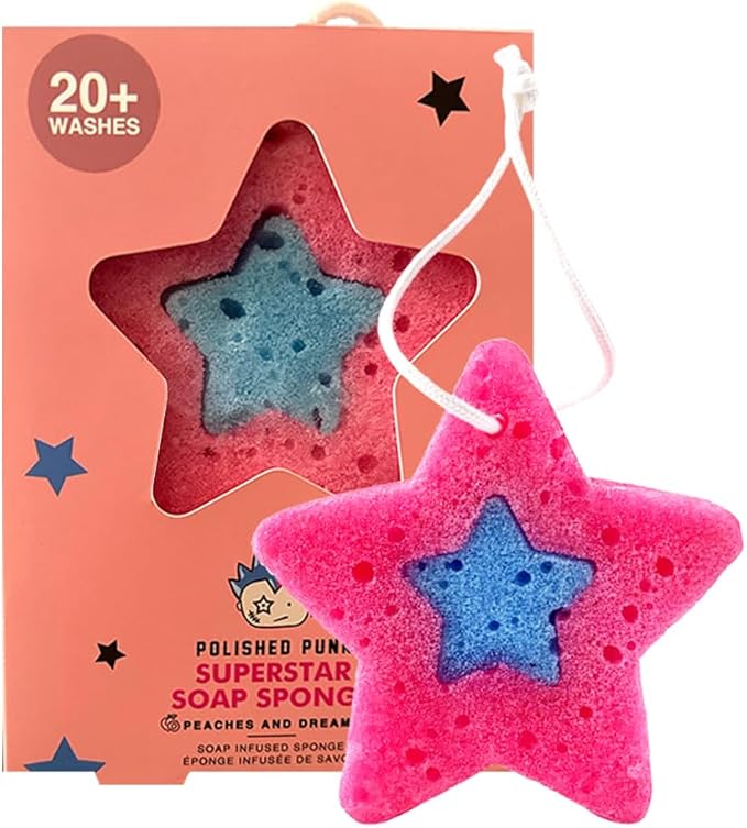 All-Natural Soap-Infused Sponge for Kids and Tweens Body Wash, Gentle on Skin, 20+ Uses (Peaches and Dreams)