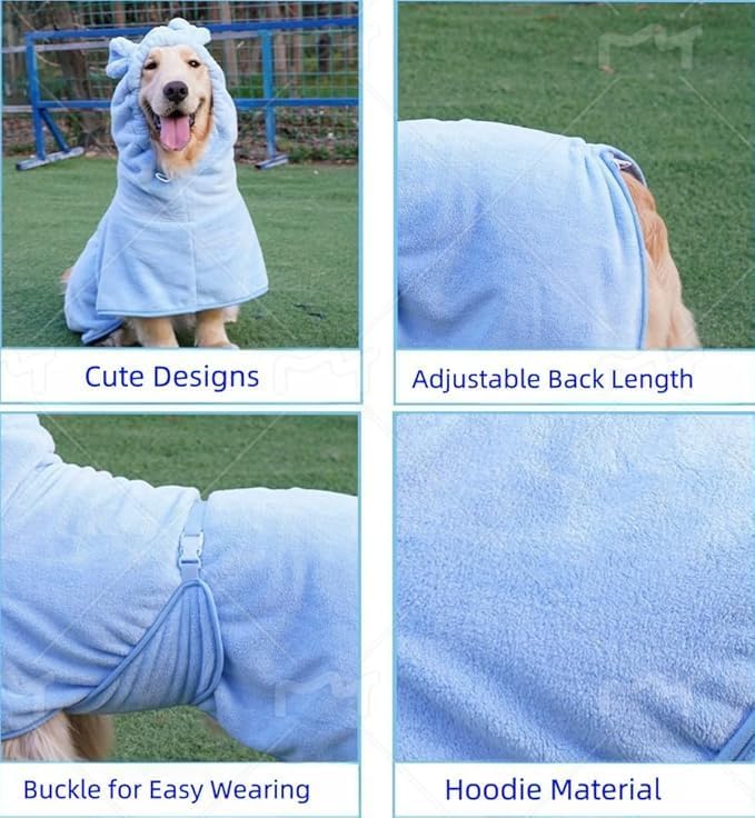 Pet Bathrobe for Dog Cat Absorbently Quick Drying Coat Cute Dogs Bath Towel Hooded Robe Adjustable Collar & Belly Strap for Pool Beach (Blue, X-Small)
