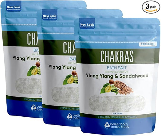 Chakras Bath Salt (3 Pack) USP Epsom Salt with Natural Ylang Ylang and Sandalwood Essential Oils Plus Vitamin C in BPA Free Pouch with Easy Press Lock Seal Made in USA Bundle 6 Lbs Total