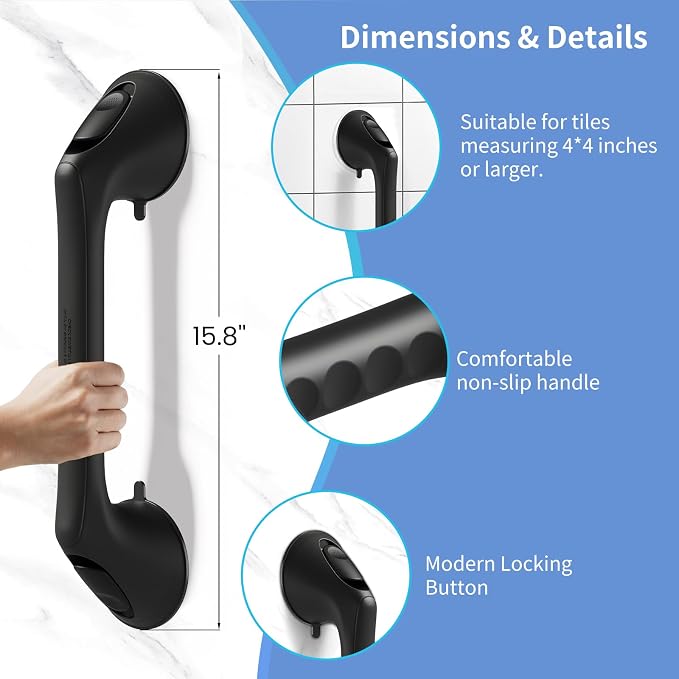 2 Pack 16 Inch Grab Bars for Bathtubs and Showers for Seniors, Heavy Duty Shower Handle for Elderly, Suction Cup Removable Handrails Handicap Bath Grip Bathroom Upgrade Safety Grips (Black)