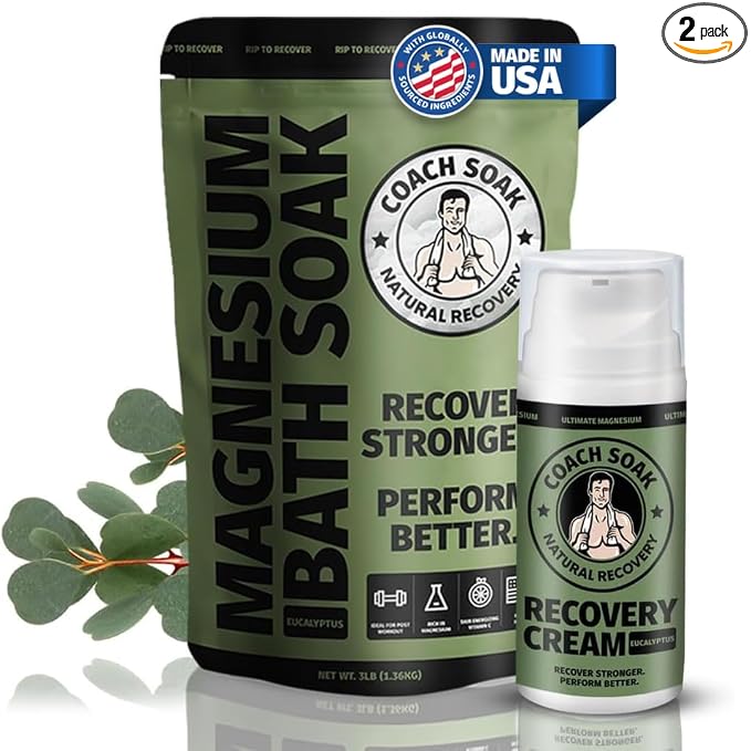 Coach Soak Recovery Bath Soak & Magnesium Cream - Bath Salt (3 lb) & Magnesium Lotion (3.4 oz) - Natural Recovery Cream & Fast-Absorbing Pure Flakes for Relaxing Muscle Support, Eucalyptus