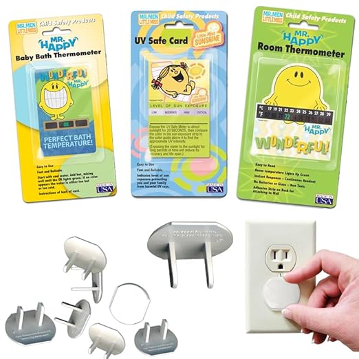 Little Miss & Mr. Men Children Safety Cards UV, Bath Temperature, Room Thermometer 3 Pack Outlet Cap Bundle