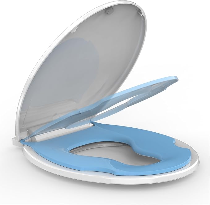 Toilet Seat with Potty Training Seat Built-In, Round Fit, Soft Close Lid, Slow Close Noiseless Design, American Standard Compatible,White and Blue