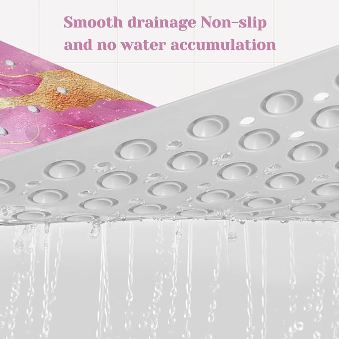 Marble Bath Tub Mat Non Slip, Pink Marble Non Slip Bath Mat for Shower, Large Washable Shower mats for Showers with Drain Holes and Suction Cups,40 X 16 Inch
