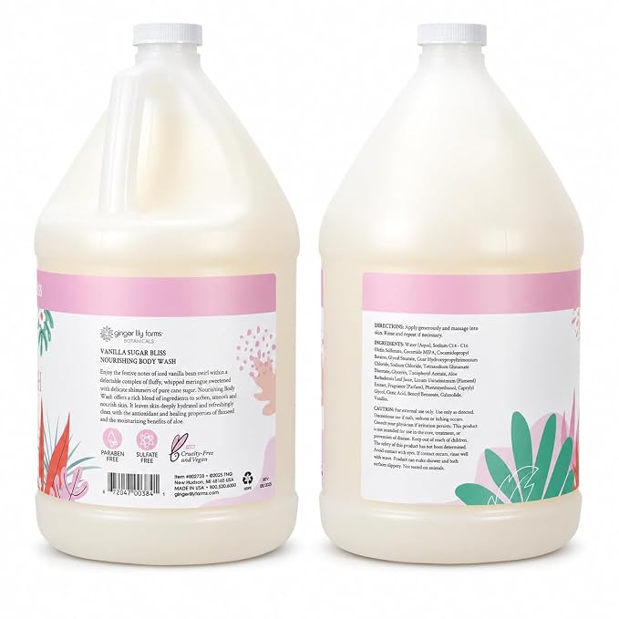 Ginger Lily Farms Botanicals Nourishing Body Wash, 100% Vegan & Cruelty-Free, Vanilla Sugar Bliss Scent, 1 Gallon (Pack of 4)