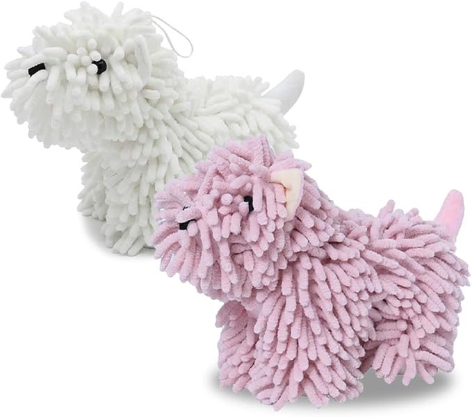 Cute Dog Chenille Hand Towel, 3D Puppy Hangable Fuzzy Ball Hand Towel Microfiber Super Soft Absorbent Bathroom & Kitchen Towels with Hanging Loop, Can Be Placed on the Sink Countertop (White & Pink)