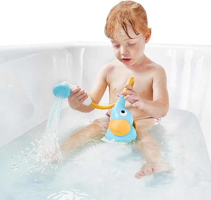 Yookidoo Baby Bath Shower Head - Elephant Water Pump and Trunk Spout Sprayer - One Handed Flow Control for Newborn Babies in Tub Or Sink (Blue&Orange)