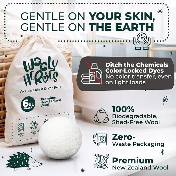 Chemical Free & Baby Safe! Reusable Wool Dryer Balls XL 6-Pack - Reduces Static, Cuts Dry Time, & Softens Naturally