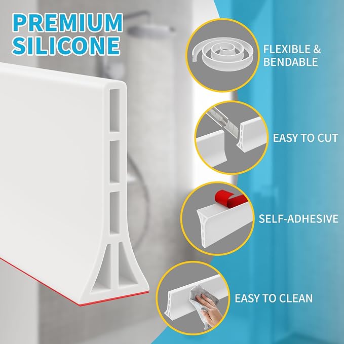 3.8'' High Shower Threshold Water Dam 39 Inch Collapsible Self Adhesive Shower Water Splash Guard Shower Water Blocker Wet and Dry Separation for Bathroom (67 Inch, White)