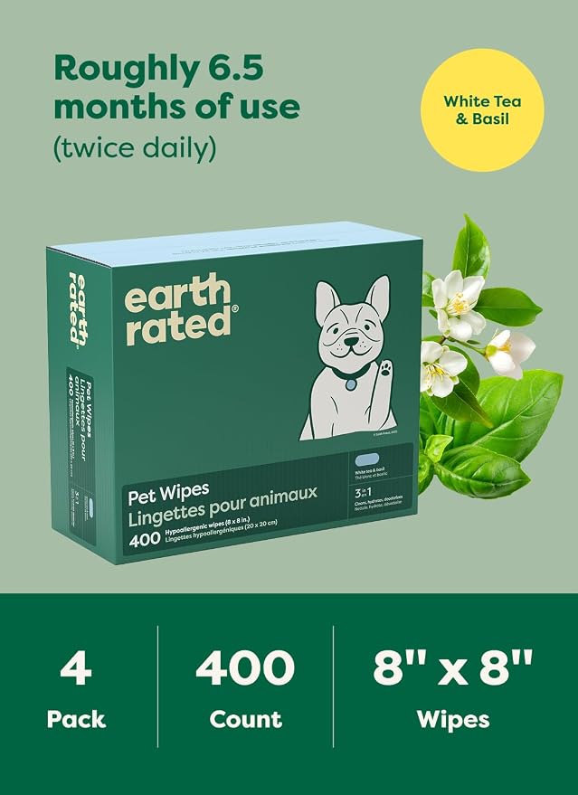 earth rated Pet Wipes for Dogs and Cats, Hypoallergenic, 3-in-1 Cleaning, Deodorizing and Hydrating, for Grooming Paws, Body and Butt, New White Tea and Basil Scent, 400 Count