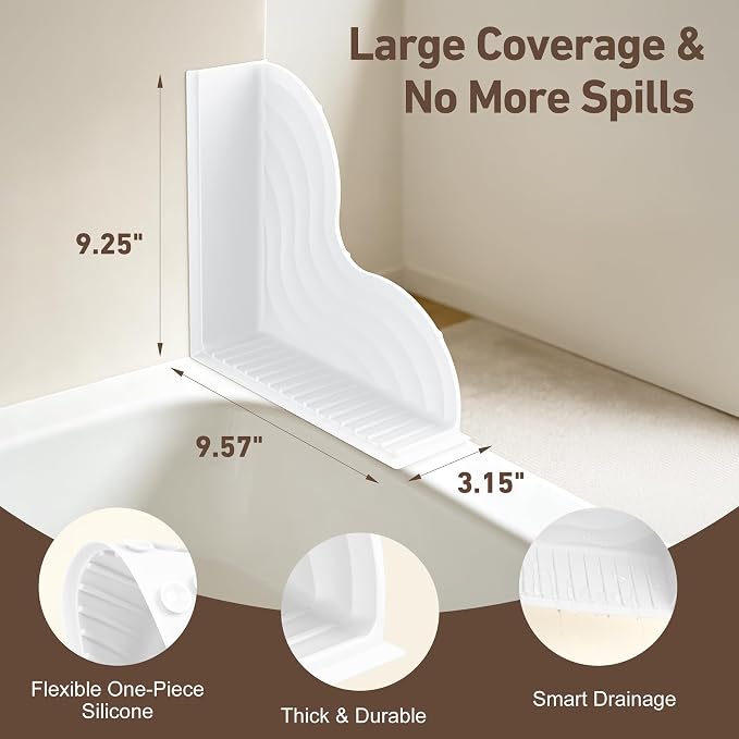 Antner 2 Pack All-Silicone Shower Splash Guard with Strong Suction Cups | Large, No-Adhesive, Reusable Splash Guard for Bathtub, Corner Shower Water Guards to Keep Water in Shower or Bath, White