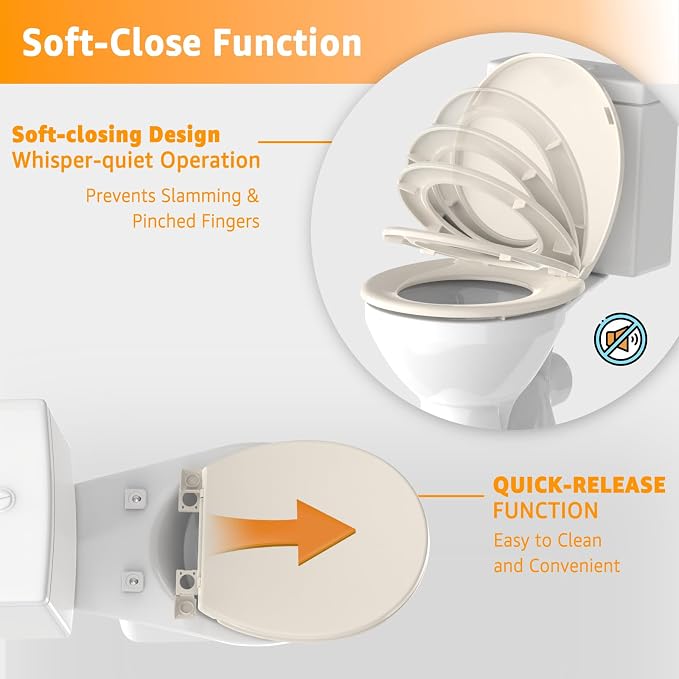 Toilet Seat Round 16.5 Inch with Quick Release-Quick Connect, Round Toilet Lid with Soft Close. PP Material Safe, Easy Clean and Install, Sturdy Accessories Never Loosen,2 Years Support, Almond