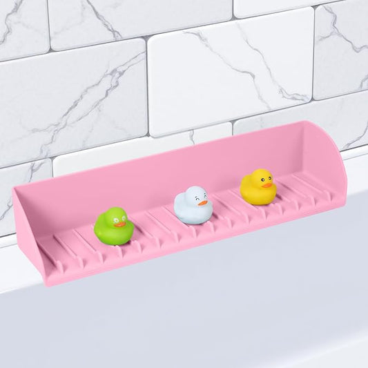 Tub Splash Guard for Kids, Bathtub Edge Water Guard Play Shelf and Toy Storage Organizer, Bathroom Sink Silicone Splash-Resistant with 4 Suction Cups, Easy to Install, Pink, 1 Pack