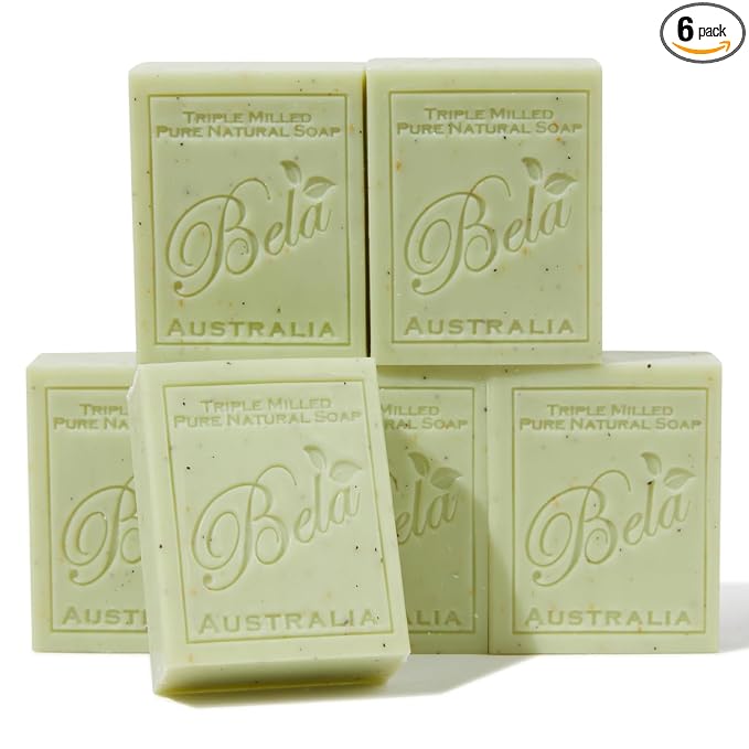 BELA Gardeners with Crushed Leaf and Bran Soap 3.3 OZ Pack of 6, Long Lasting French Triple Milled Bar Soap with Organic Shea Butter, Hand, Face and Body Wash Bar, Made in Australia