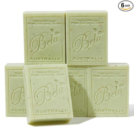 BELA Gardeners with Crushed Leaf and Bran Soap 3.3 OZ Pack of 6, Long Lasting French Triple Milled Bar Soap with Organic Shea Butter, Hand, Face and Body Wash Bar, Made in Australia