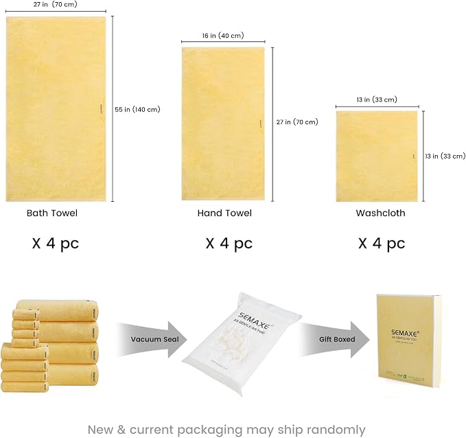 12-Piece Cotton Bath Towel Set with Hanging Loops for Bathroom, Yellow | Balanced towel set for family showers, sink-side use, guest baths, and wash-day rotation, OEKO-TEX certified, easy care